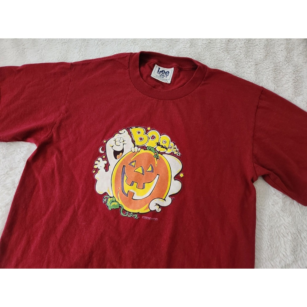 Vintage 90s Lee Sport Halloween T-Shirt Medium Red Ghost Jack-O-Lantern Boo...